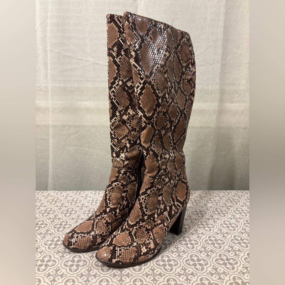 Brown Snake-Print Knee Boots - Women